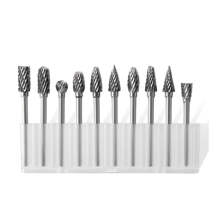 Conjunto de 10 rebarbas de carboneto de tungstênio de corte duplo - Compatível com ferramentas rotativas Dremel, para madeira, metal, pedra, pedras preciosas
