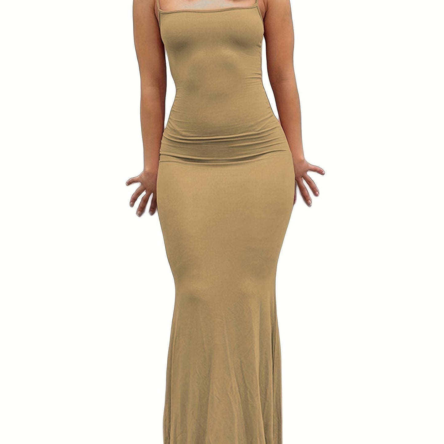 estido de alças finas de cor sólida para mulheres, vestido longo justo, sem mangas.
