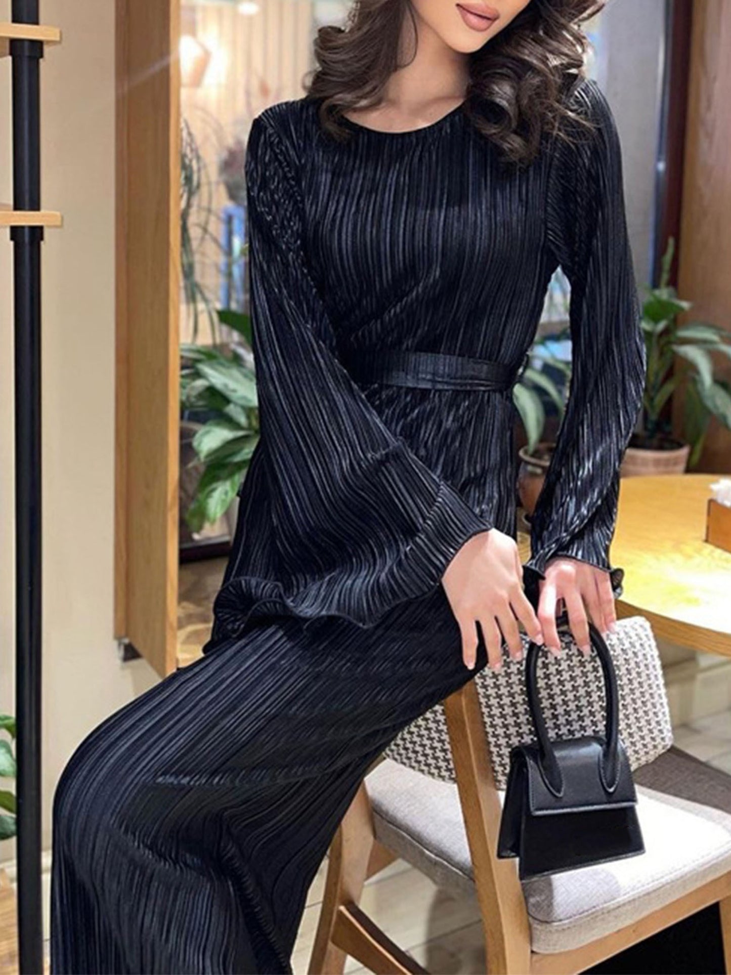 Vestido longo de cor lisa com gola redonda, vestido elegante de manga comprida