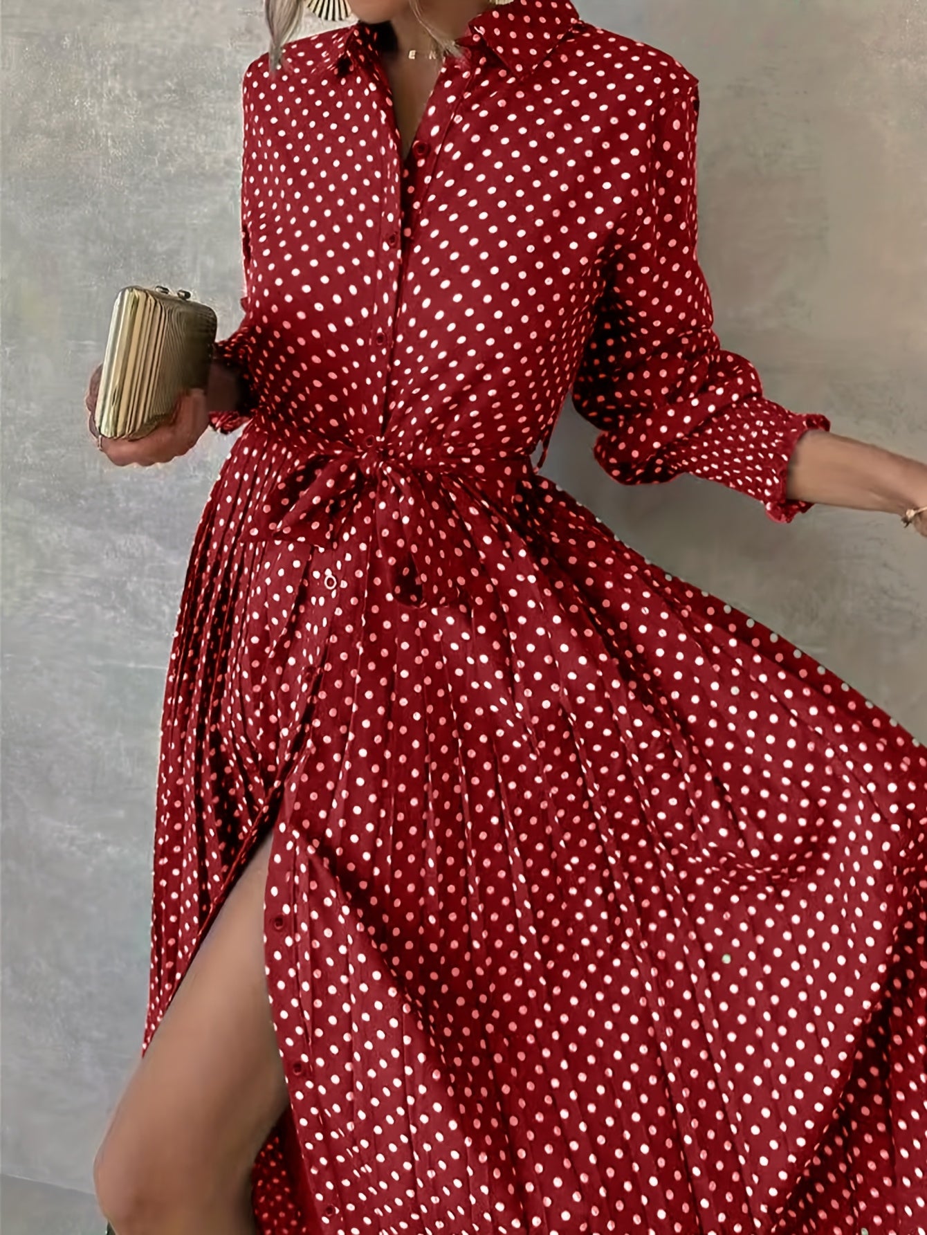 Vestido-camisa com estampa de bolinhas e botões na frente, vestido longo elegante.