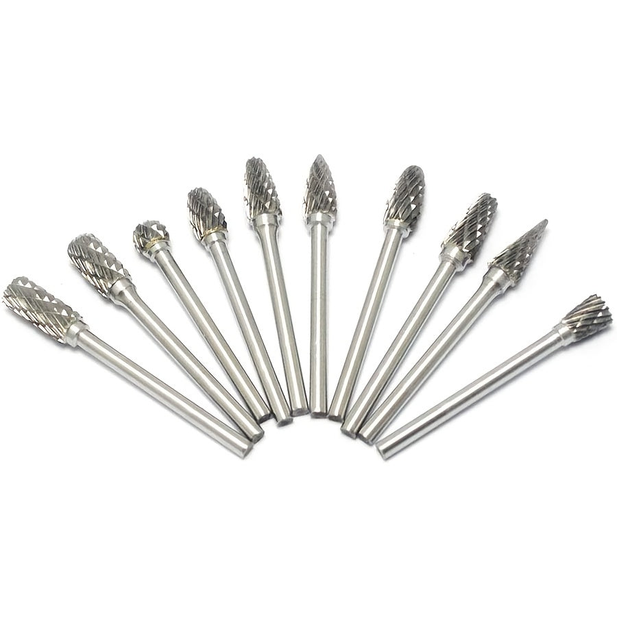 Conjunto de 10 rebarbas de carboneto de tungstênio de corte duplo - Compatível com ferramentas rotativas Dremel, para madeira, metal, pedra, pedras preciosas