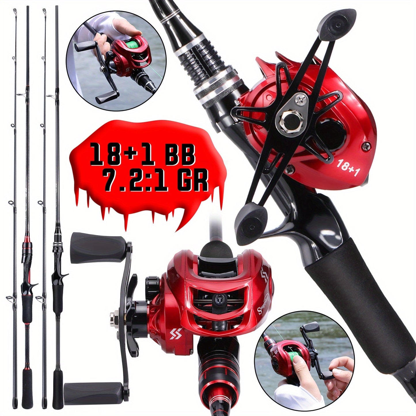 Conjunto de vara e carretilha de pesca Sougayilang Baitcasting - Vara de carbono de 1,8 m/5,9 pés com carretilha ultraleve - Perfeito para viagens, pesca em água salgada e doce