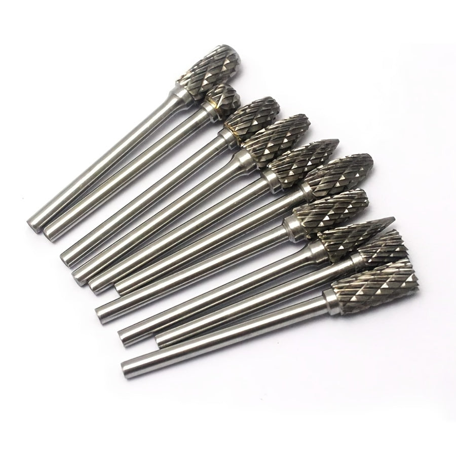 Conjunto de 10 rebarbas de carboneto de tungstênio de corte duplo - Compatível com ferramentas rotativas Dremel, para madeira, metal, pedra, pedras preciosas