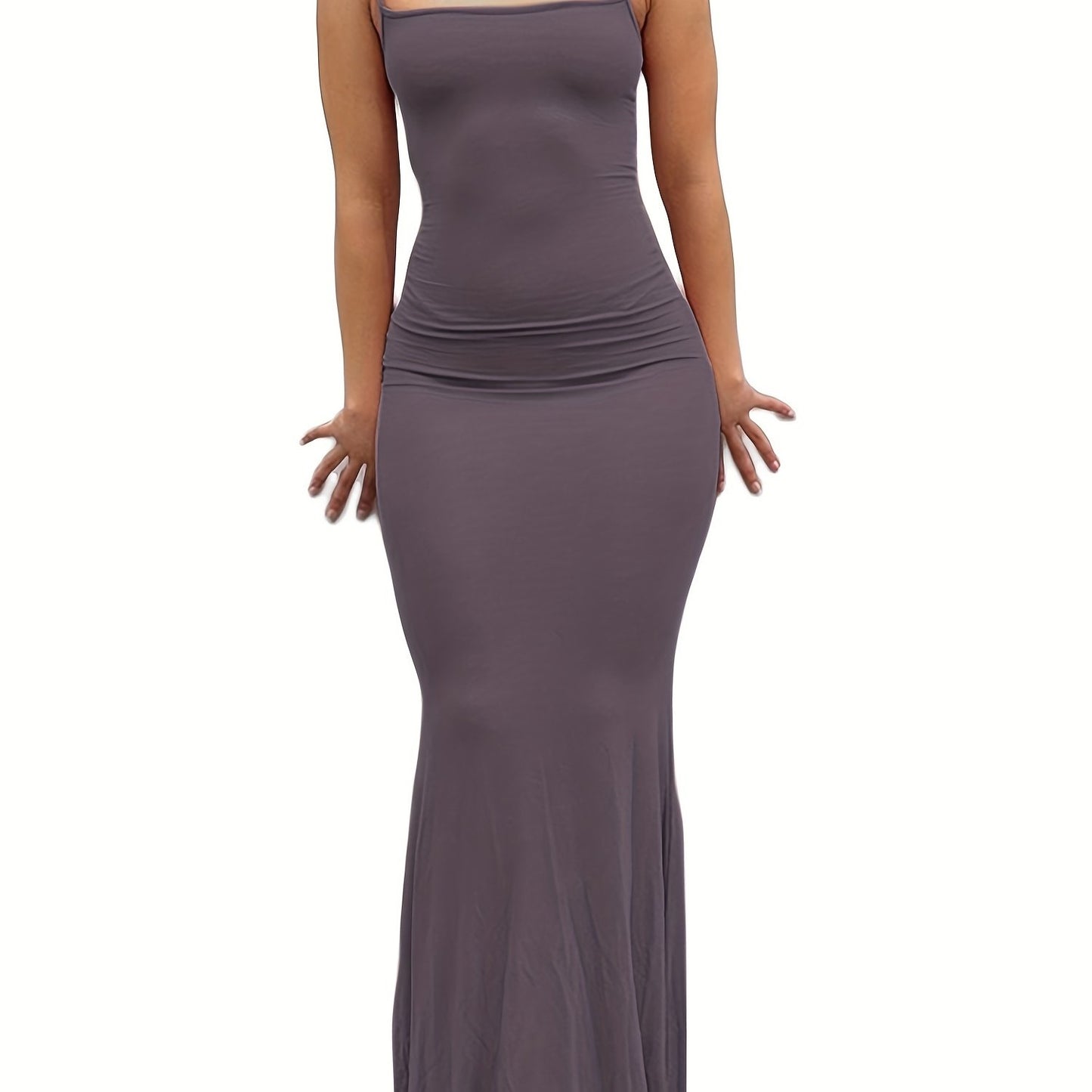 estido de alças finas de cor sólida para mulheres, vestido longo justo, sem mangas.
