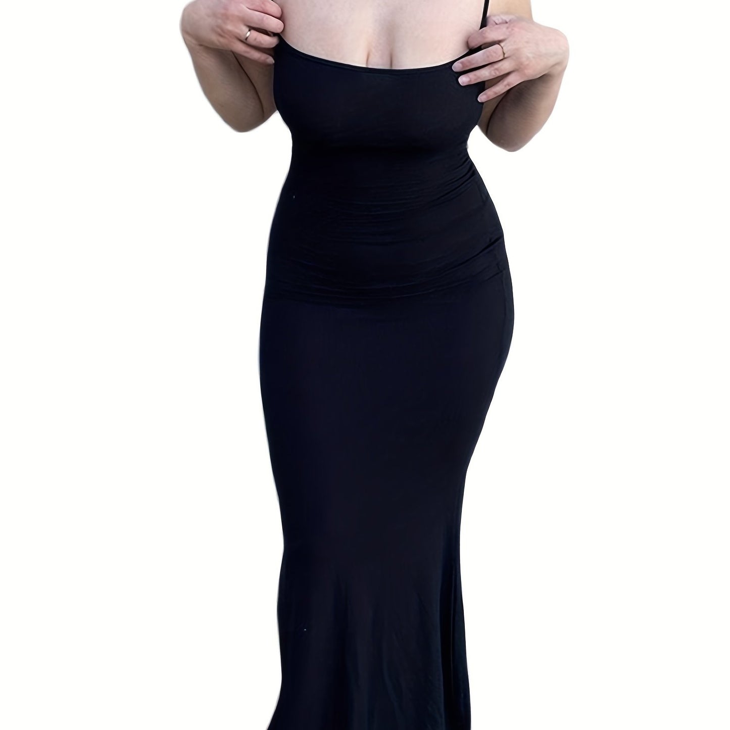 estido de alças finas de cor sólida para mulheres, vestido longo justo, sem mangas.