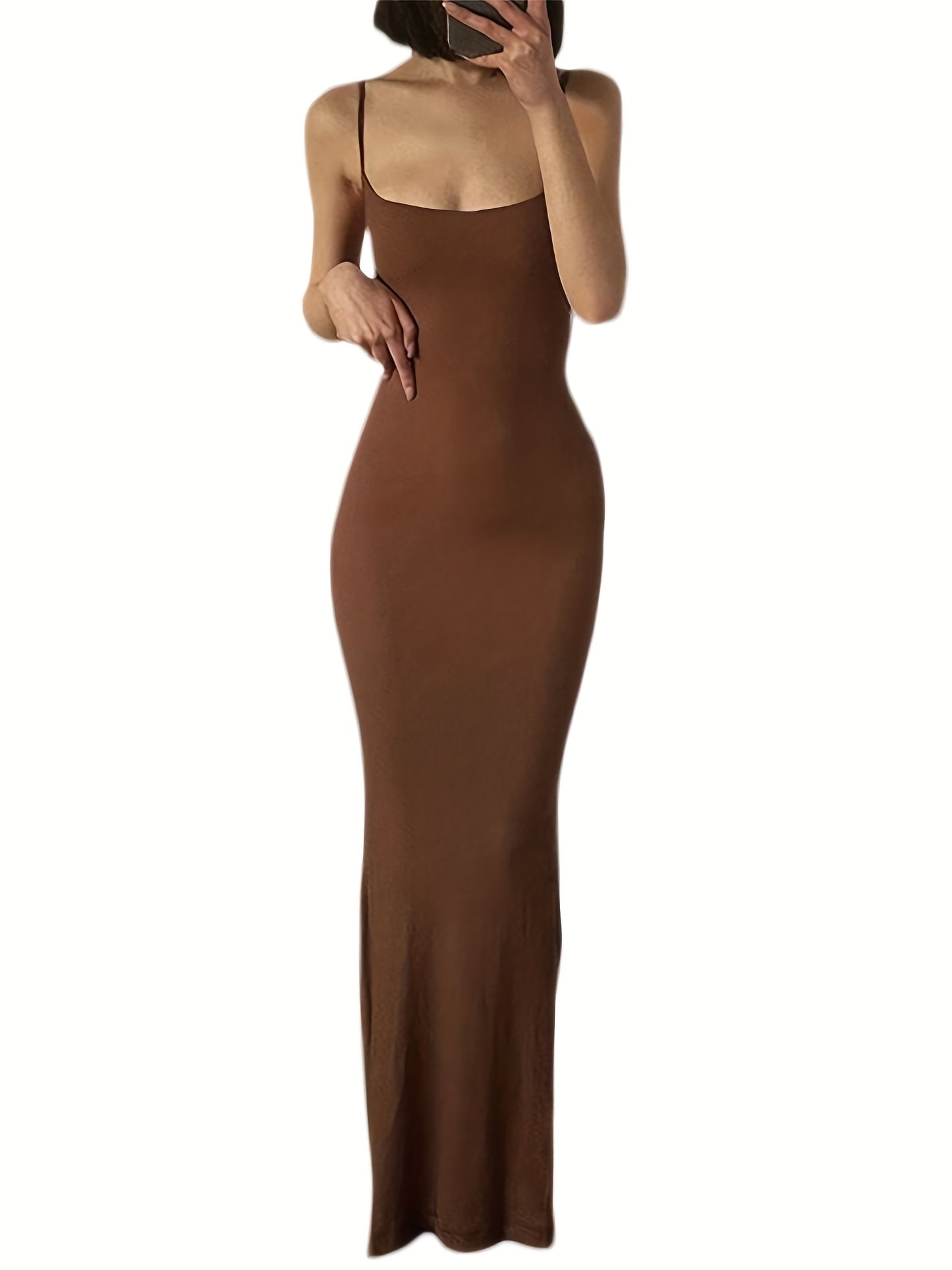 estido de alças finas de cor sólida para mulheres, vestido longo justo, sem mangas.