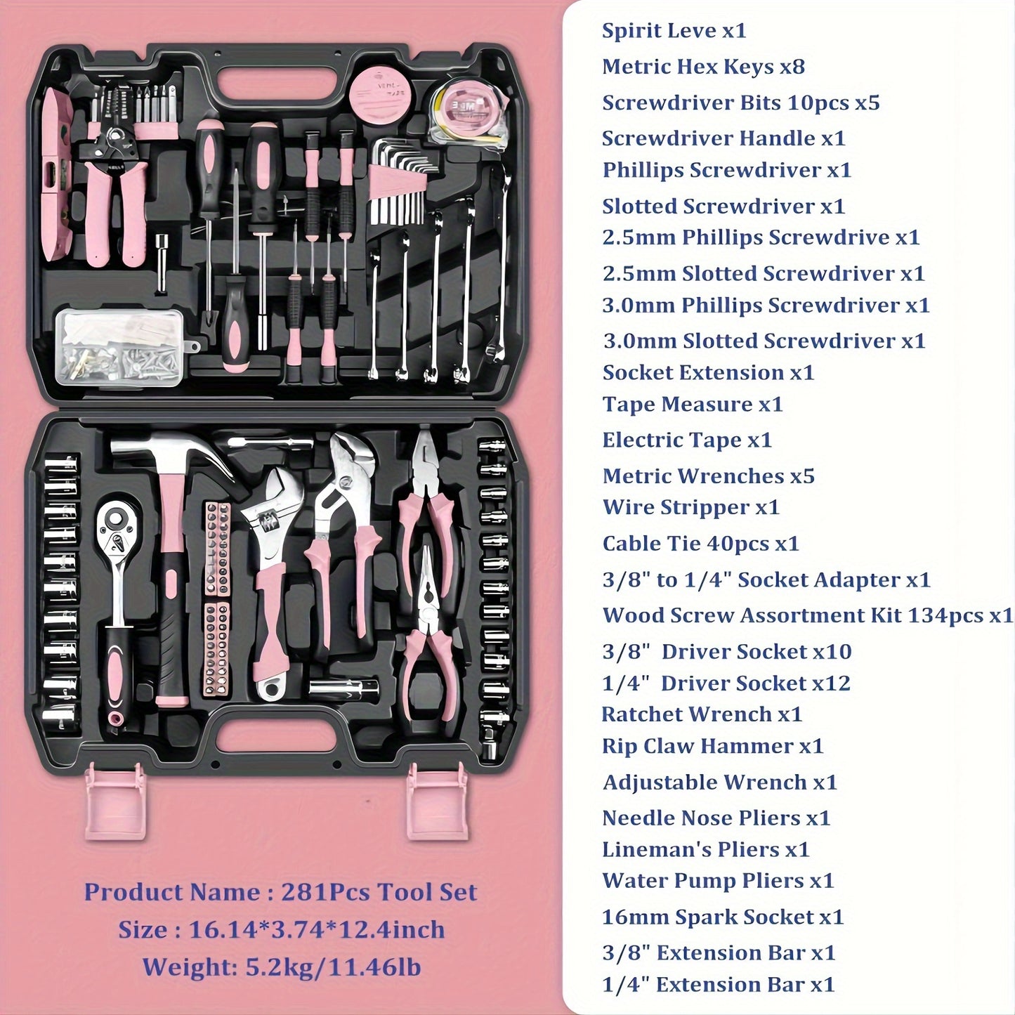 Kit de ferramentas para casa rosa com 281 peças.