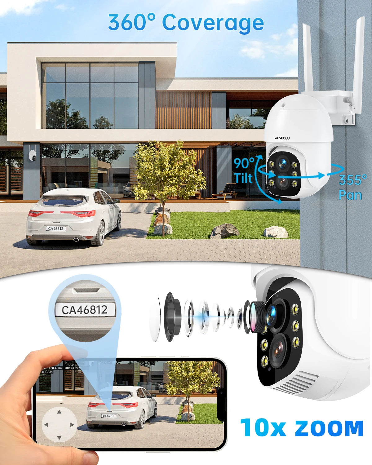 Câmera de segurança CCTV interna e externa sem fio WESECUU 3.0MP 10X Zoom PTZ Wifi IP Rastreamento automático Lente dupla
