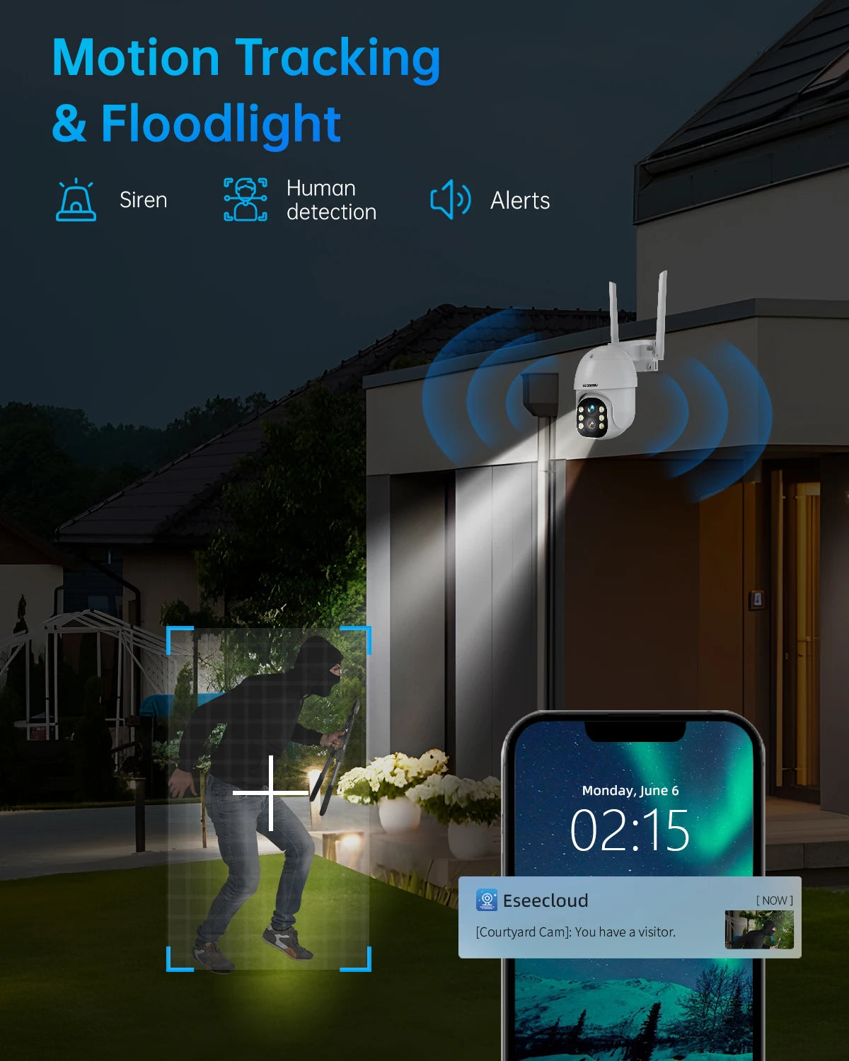 Câmera de segurança CCTV interna e externa sem fio WESECUU 3.0MP 10X Zoom PTZ Wifi IP Rastreamento automático Lente dupla