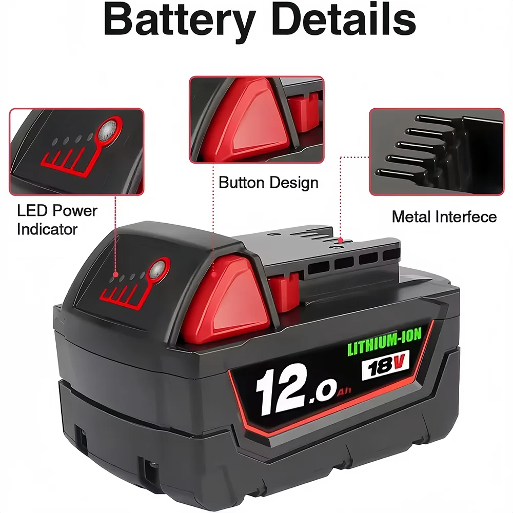 Bateria de íons de lítio de 18 V e 12,0 Ah, Milwaukee.