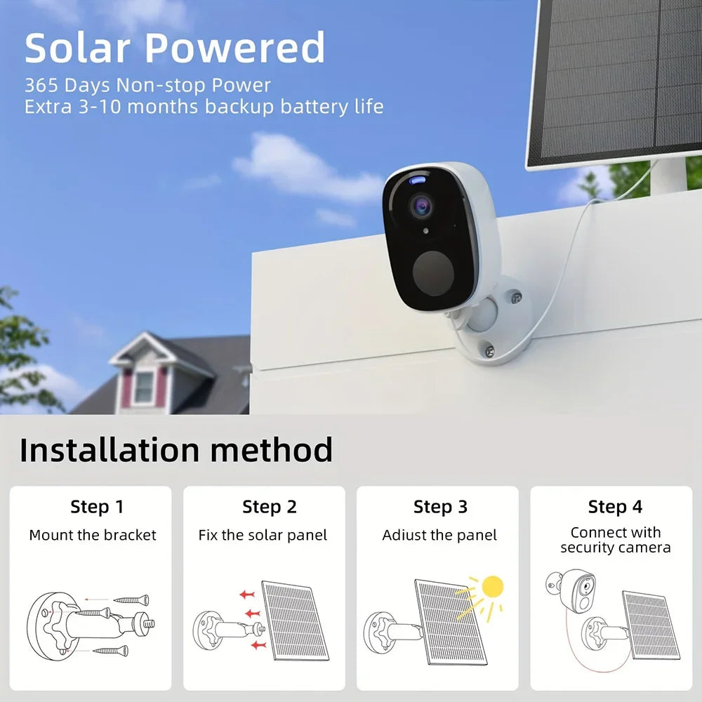 Câmera de bateria sem fio Wi-Fi externa, segurança movida a energia solar.