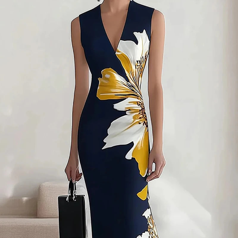 Vestido longo de festa com decote em V sexy.