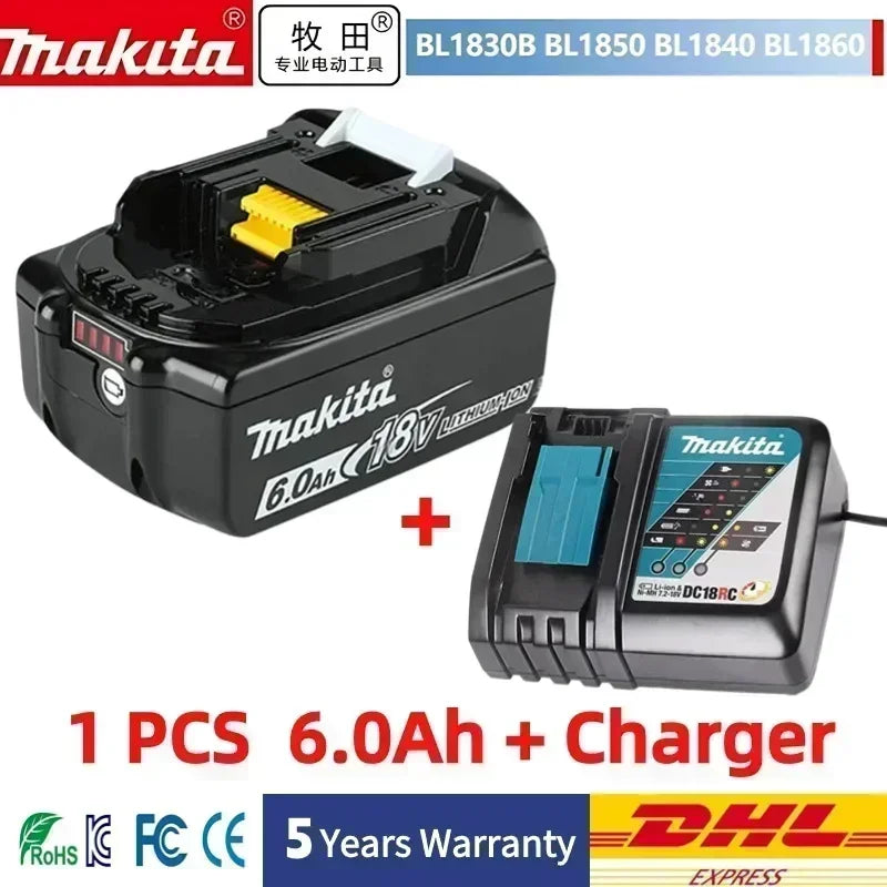 Bateria Makita,de 18 V 6 Ah, com indicador de bateria, bateria recarregável.