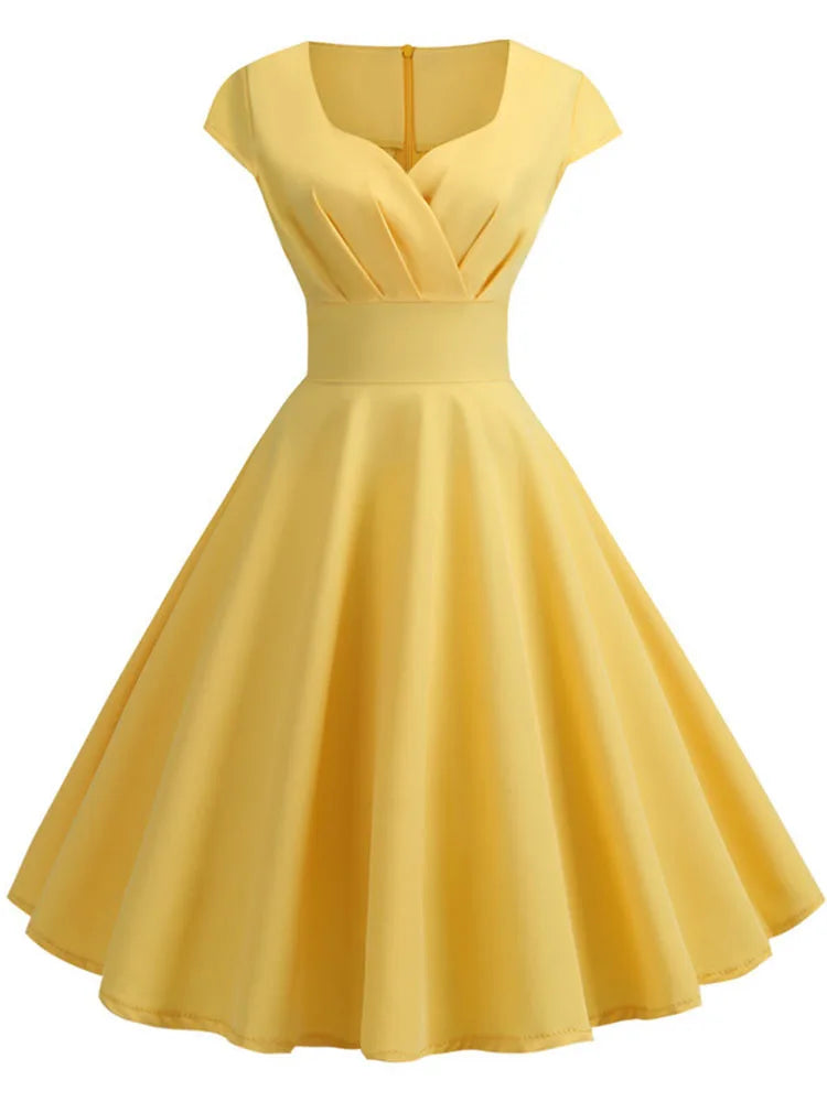 Novo vestido vintage de verão feminino, manga curta, decote em V.