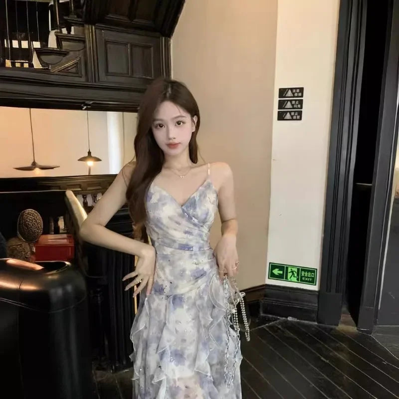 Vestido estampado vintage para mulheres, sem mangas, slim, com babados
