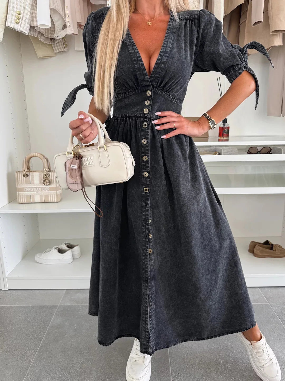Vestidos longos para mulheres, vestido jeans sexy, decote em V,