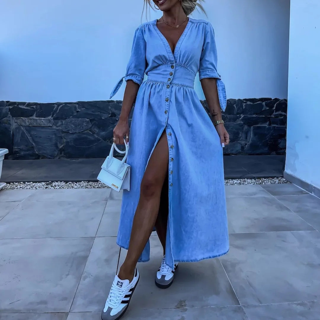 Vestidos longos para mulheres, vestido jeans sexy, decote em V,