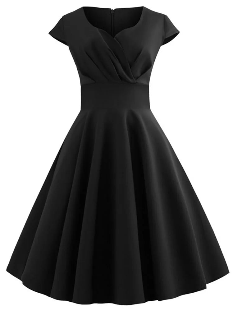 Novo vestido vintage de verão feminino, manga curta, decote em V.