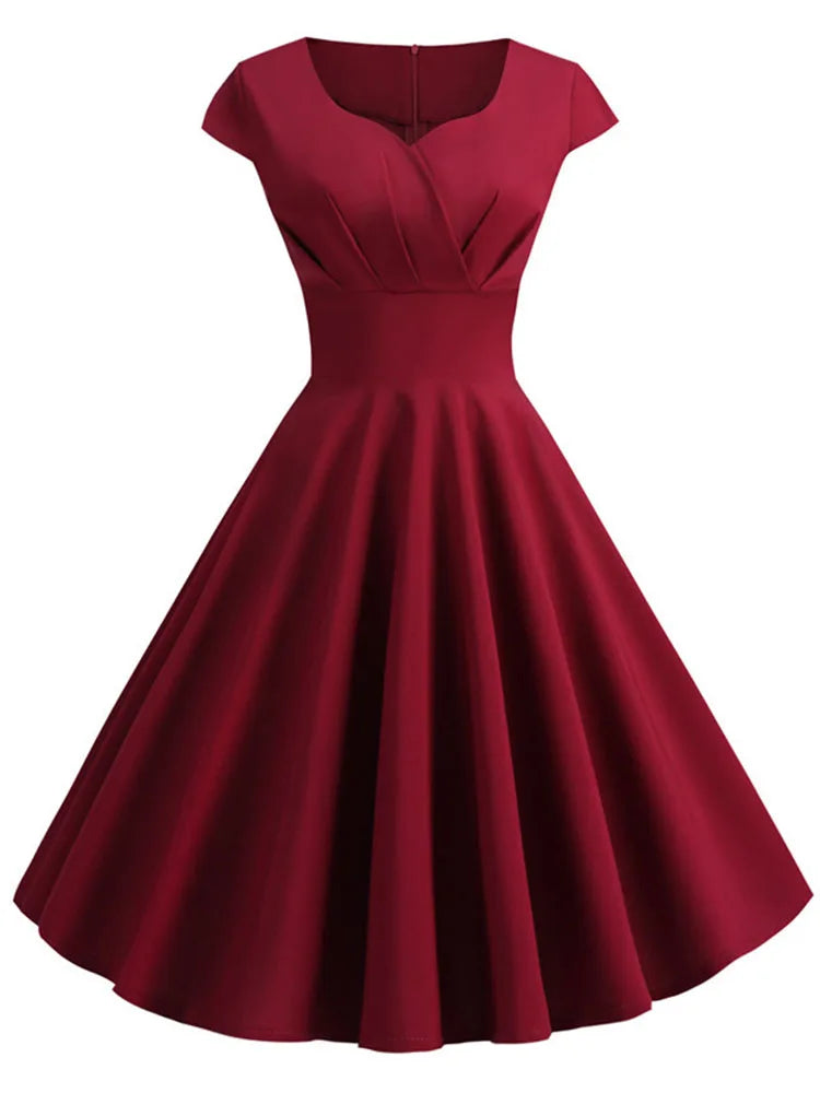 Novo vestido vintage de verão feminino, manga curta, decote em V.