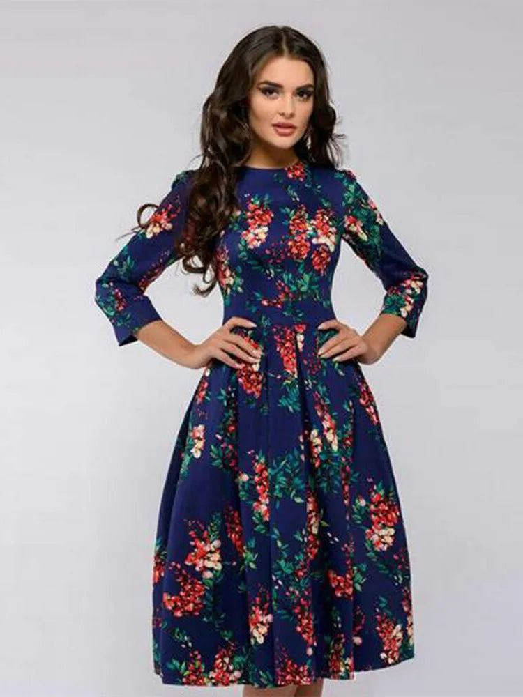 Vestido túnica vintage plissada estampado feminino elegante