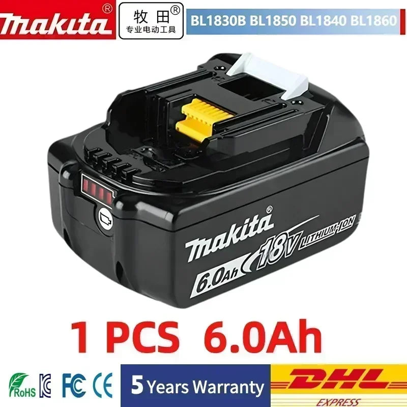 Bateria Makita,de 18 V 6 Ah, com indicador de bateria, bateria recarregável.