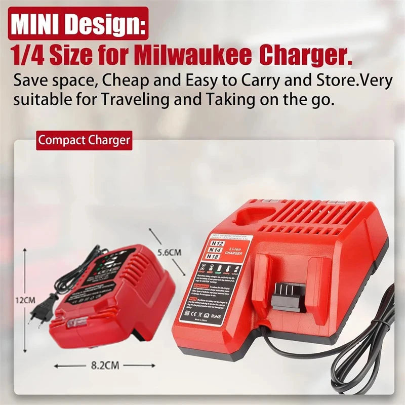 i carregador compacto de bateria portátil 100V-240V para Milwaukee, bateria de lítio de 18V.