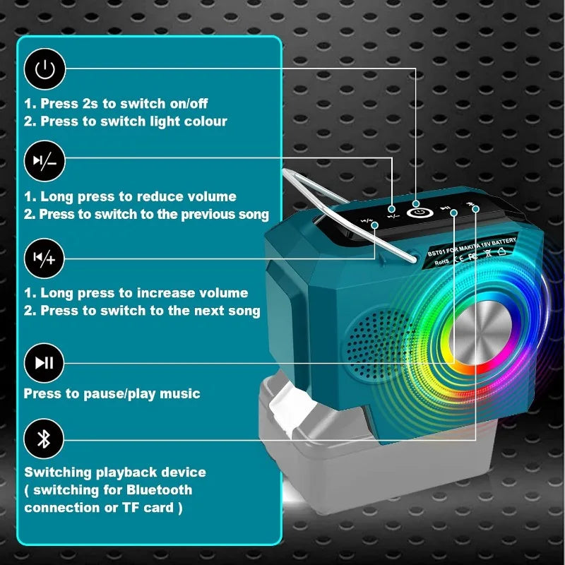 Reprodutor Bluetooth para Makita 18V bateria de íon de lítio BL1820 BL1830 BL1840.