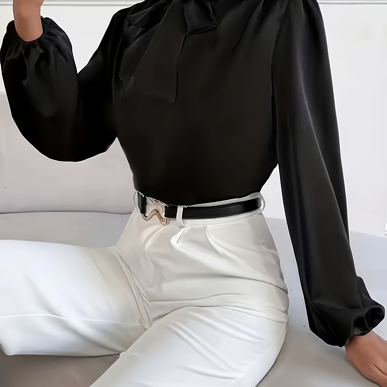 Blusa de cor sólida com amarração no pescoço,Blusa elegante de manga comprida.