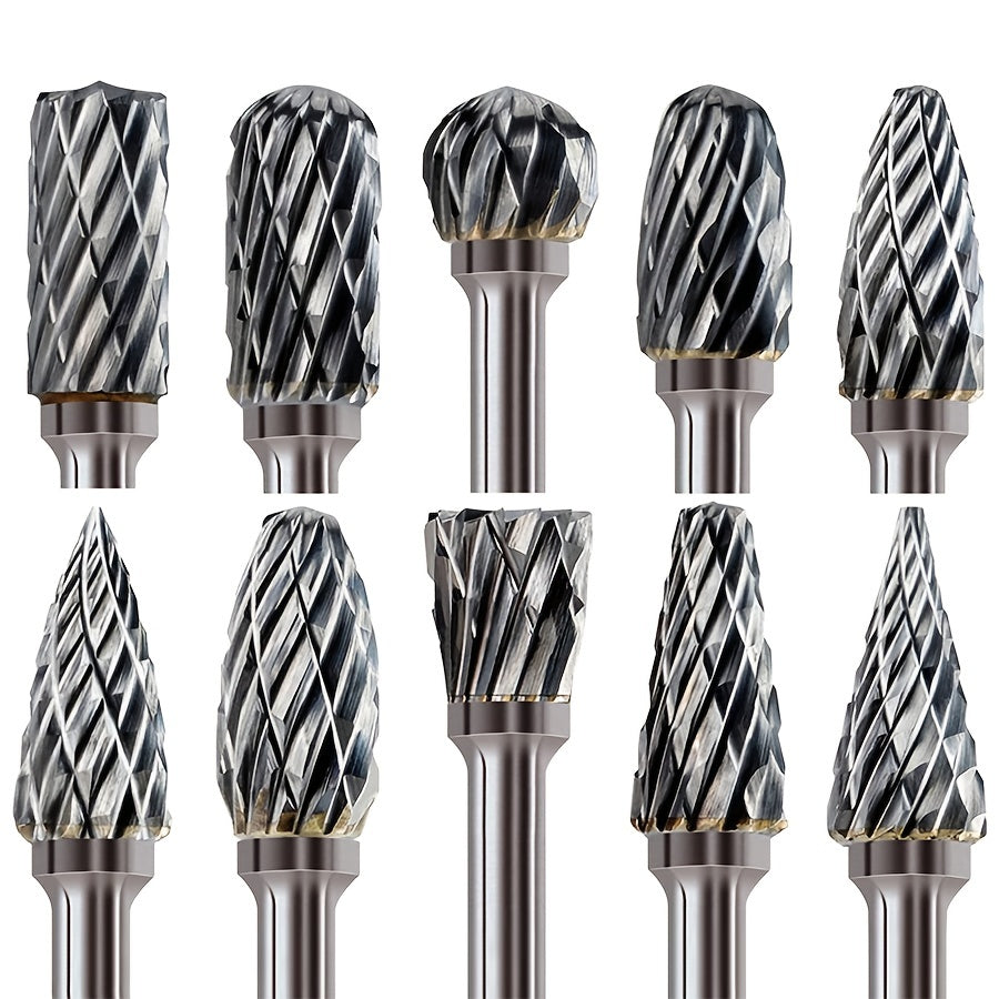 Conjunto de 10 rebarbas de carboneto de tungstênio de corte duplo - Compatível com ferramentas rotativas Dremel, para madeira, metal, pedra, pedras preciosas