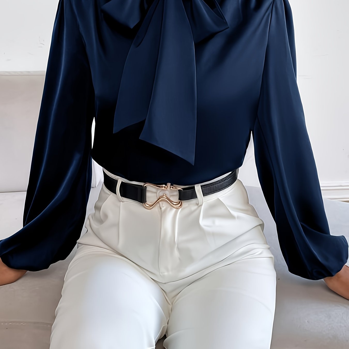 Blusa de cor sólida com amarração no pescoço,Blusa elegante de manga comprida.