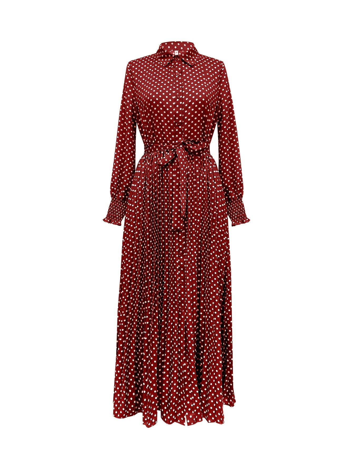 Vestido-camisa com estampa de bolinhas e botões na frente, vestido longo elegante.