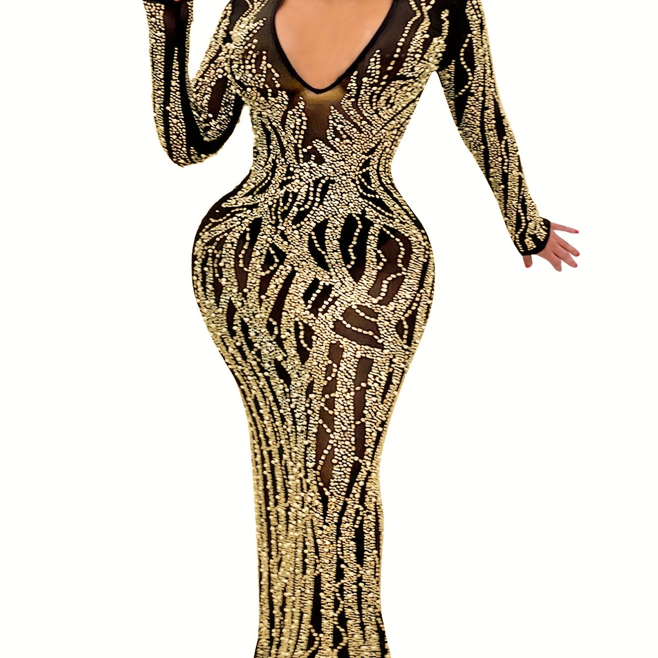 Vestido longo, brilhante justo ao corpo- decote em V profundo.