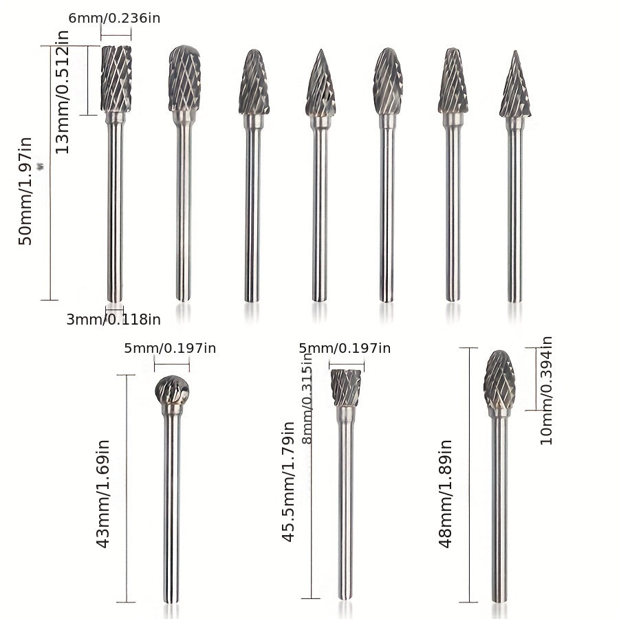 Conjunto de 10 rebarbas de carboneto de tungstênio de corte duplo - Compatível com ferramentas rotativas Dremel, para madeira, metal, pedra, pedras preciosas