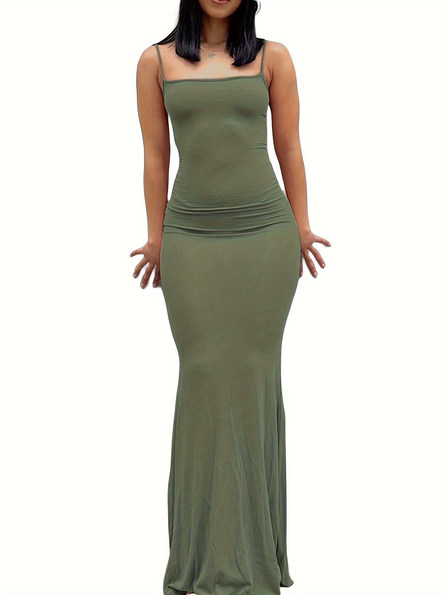 estido de alças finas de cor sólida para mulheres, vestido longo justo, sem mangas.