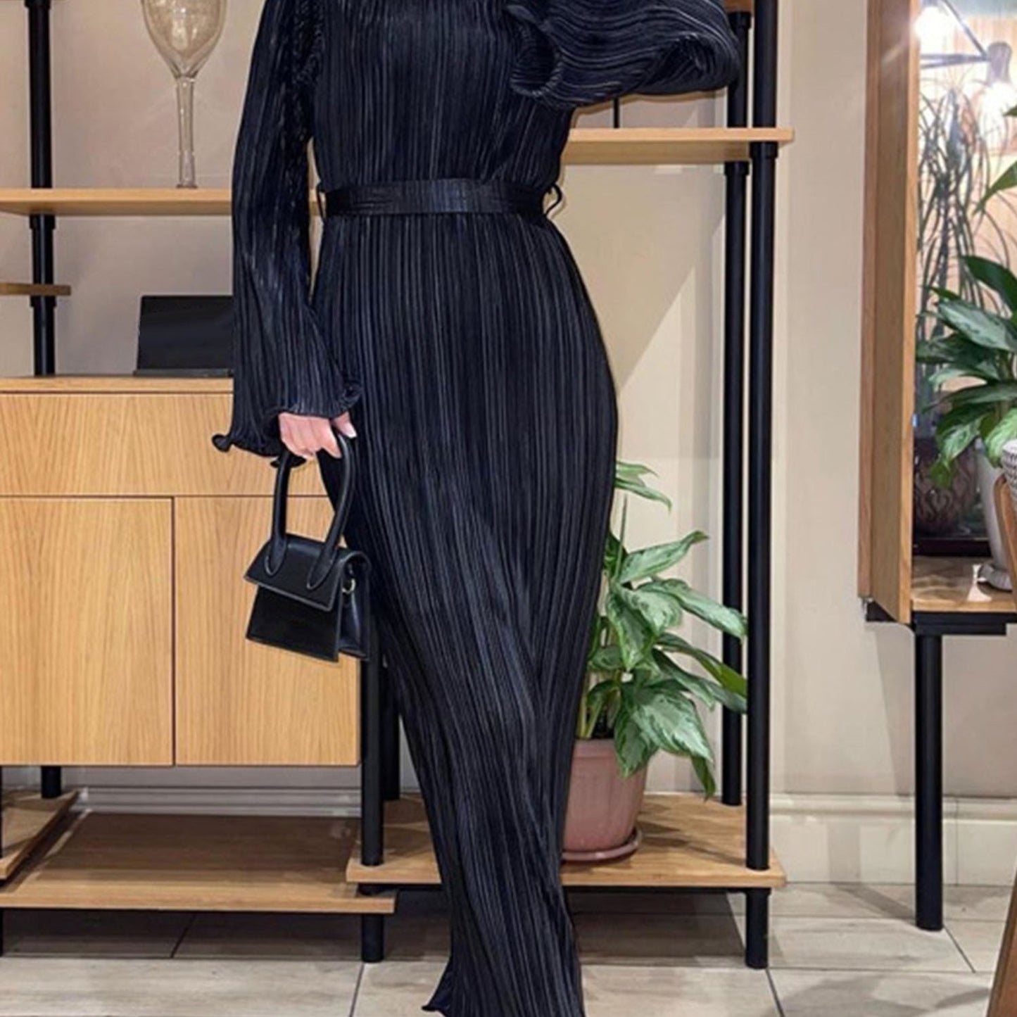 Vestido longo de cor lisa com gola redonda, vestido elegante de manga comprida