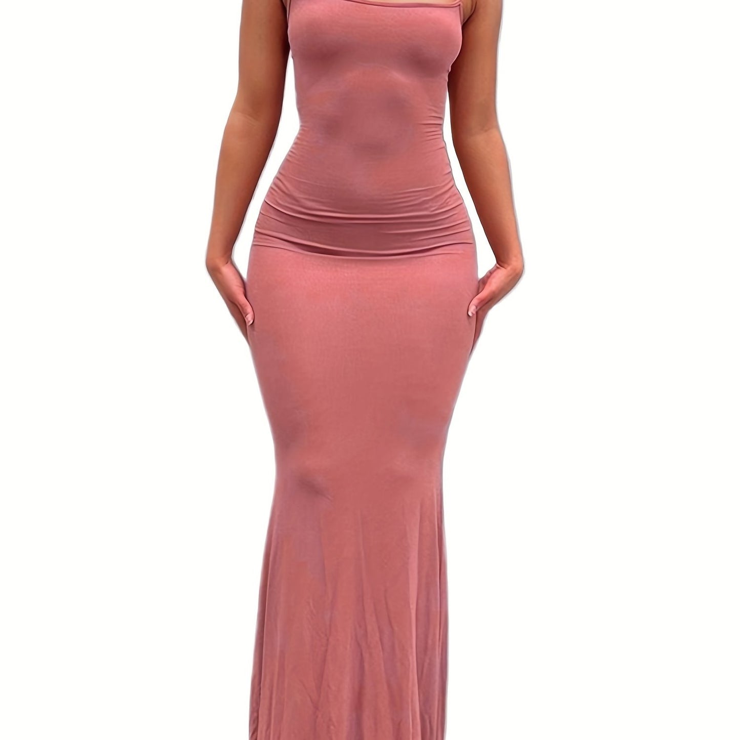 estido de alças finas de cor sólida para mulheres, vestido longo justo, sem mangas.