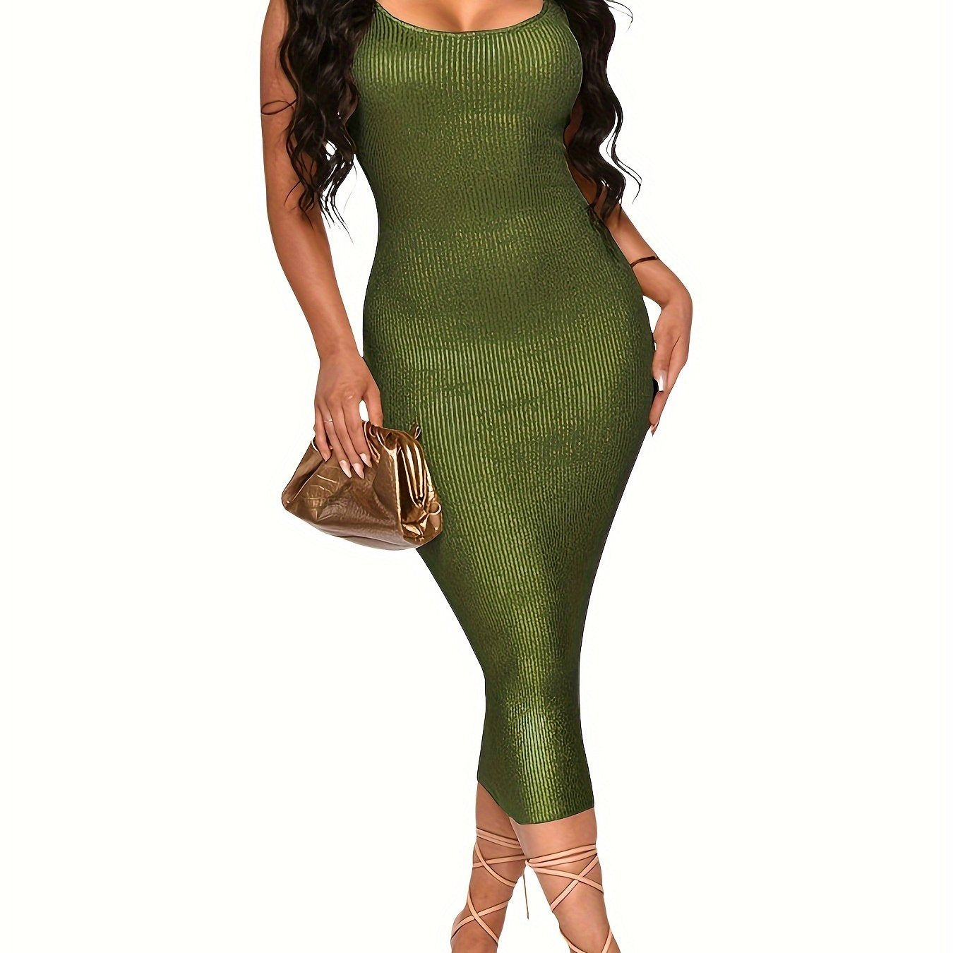 Vestido,para mulheres, regata brilhante, decote redondo, sem manga.