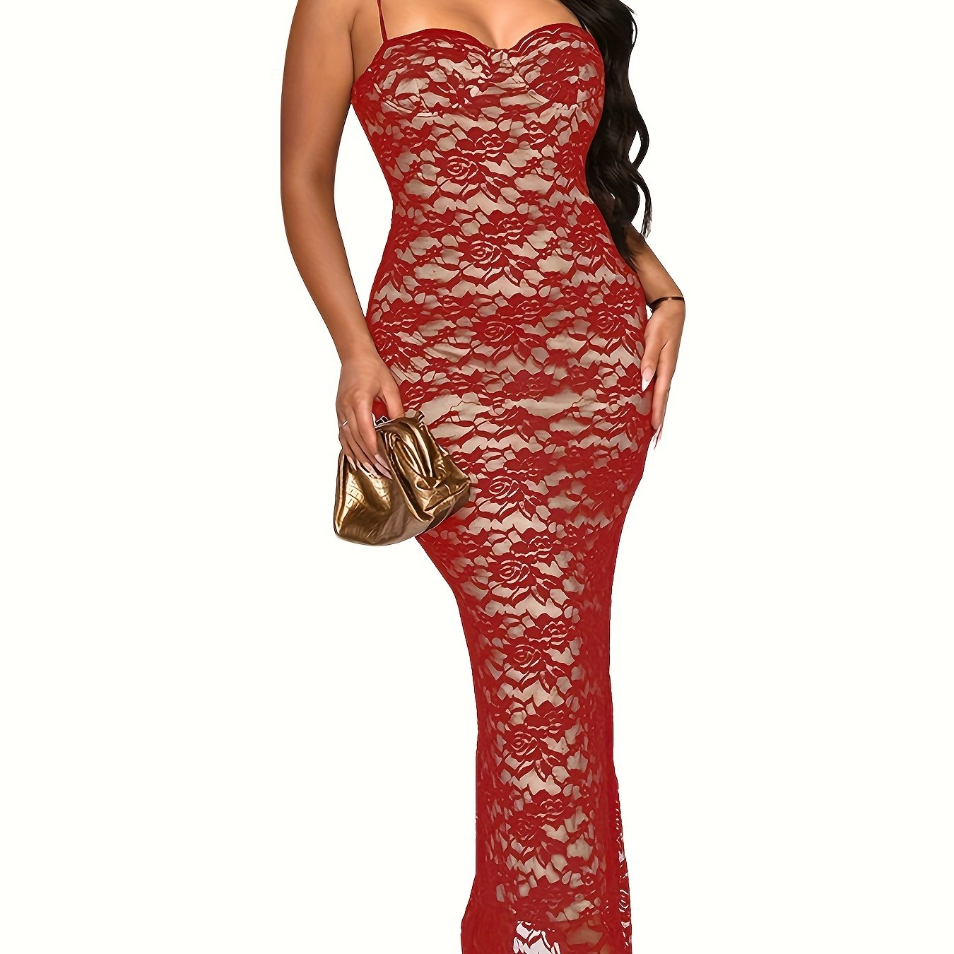 Vestido de renda guipura com alças finas, vestido sexy sem mangas justo.