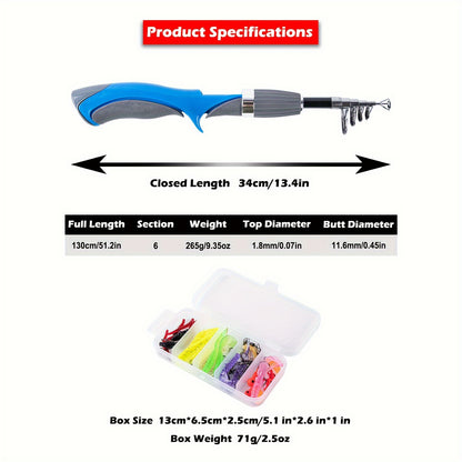Kit combinado de vara de pesca telescópica portátil e carretel - 130 cm, isca incluída