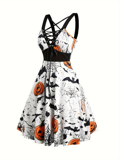 Vestido midi elegante com estampa de abóbora e corte em A.