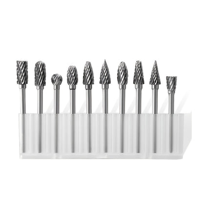 Conjunto de 10 rebarbas de carboneto de tungstênio de corte duplo - Compatível com ferramentas rotativas Dremel, para madeira, metal, pedra, pedras preciosas