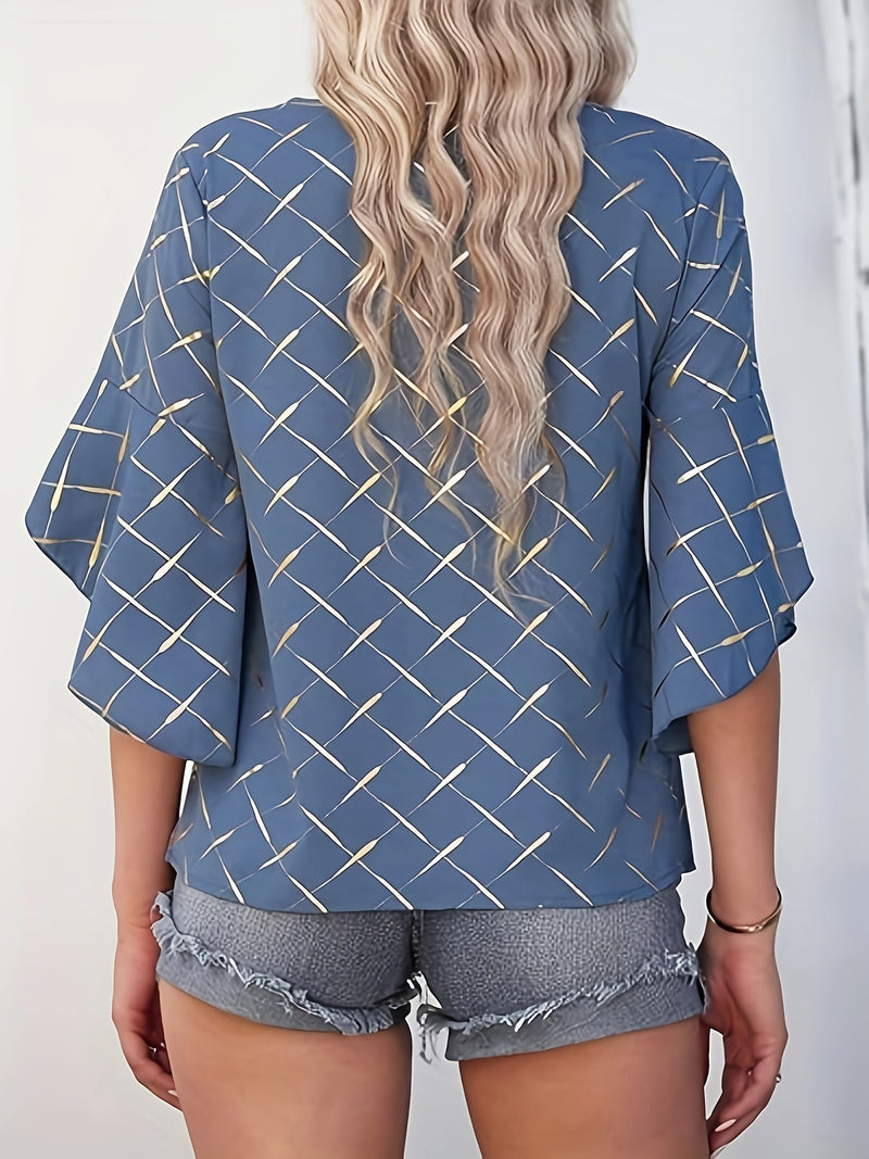 Blusa com gola redonda e estampa geométrica, blusa casual com manga,