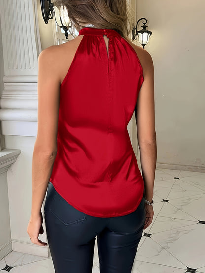 Blusa chique de poliéster sem mangas com decote plissado, lavável à máquina, ideal para primavera/verão/outono.