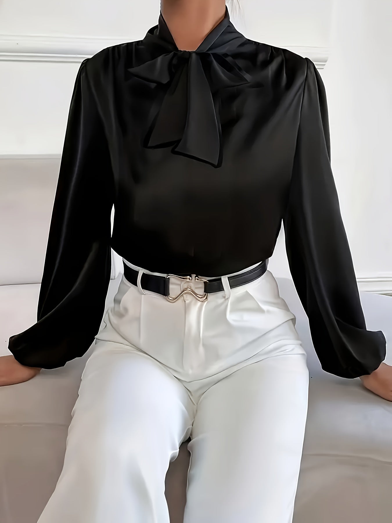Blusa de cor sólida com amarração no pescoço,Blusa elegante de manga comprida.