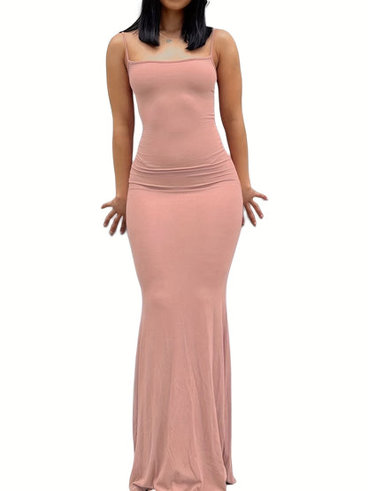 estido de alças finas de cor sólida para mulheres, vestido longo justo, sem mangas.