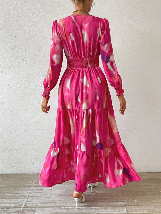 Vestido elegante midi de poliéster para todas as estações com decote em V.