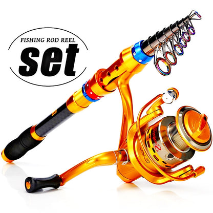 Conjunto de varas de pesca telescópicas de viagem de 1,8-3,6 m - portátil, leve, compatível com água salgada e água doce, combinação de carretel giratório com construção de carbono durável - ideal para viagens, iniciantes e experientes