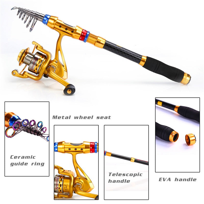 Conjunto de varas de pesca telescópicas de viagem de 1,8-3,6 m - portátil, leve, compatível com água salgada e água doce, combinação de carretel giratório com construção de carbono durável - ideal para viagens, iniciantes e experientes