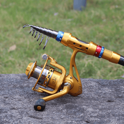 Conjunto de varas de pesca telescópicas de viagem de 1,8-3,6 m - portátil, leve, compatível com água salgada e água doce, combinação de carretel giratório com construção de carbono durável - ideal para viagens, iniciantes e experientes