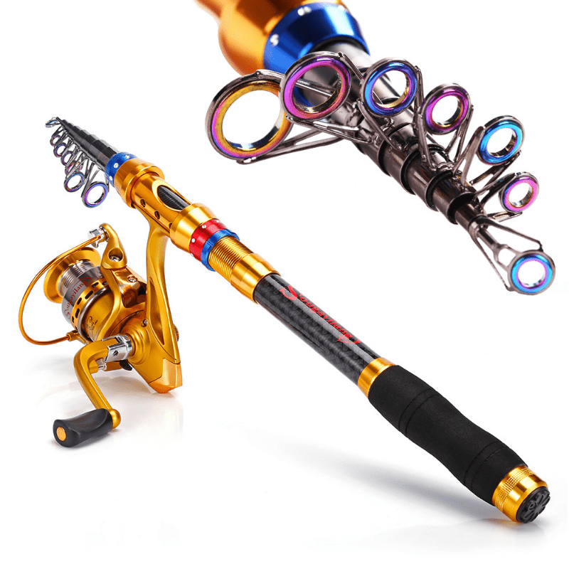 Conjunto de varas de pesca telescópicas de viagem de 1,8-3,6 m - portátil, leve, compatível com água salgada e água doce, combinação de carretel giratório com construção de carbono durável - ideal para viagens, iniciantes e experientes